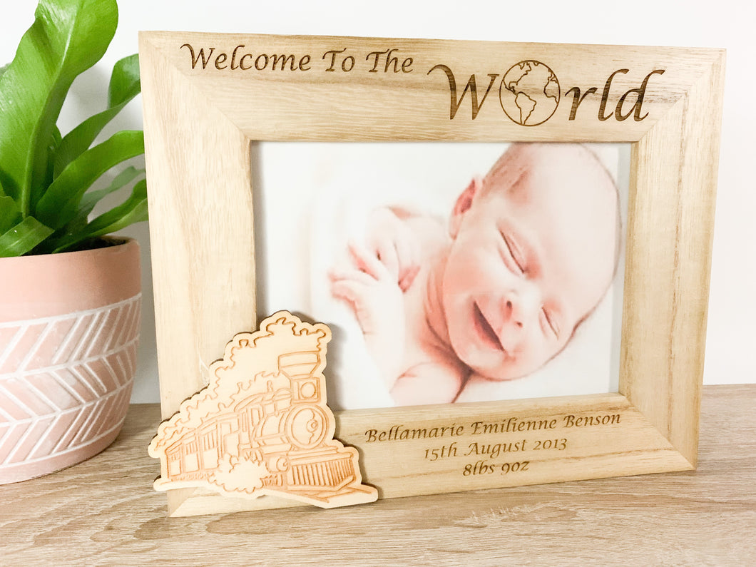 Personalised Newborn Baby Natural Wood Photo Frame with Steam Train