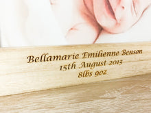 Load image into Gallery viewer, Personalised Newborn Baby Natural Wood Photo Frame with Steam Train
