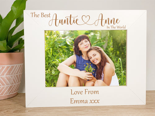Personalised Best Auntie White Photo Frame, Custom Laser Engraved Gift With Heart Style Text