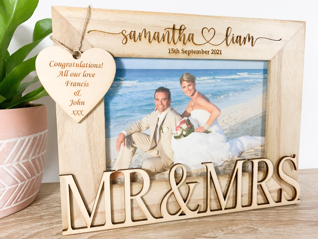Personalised Wedding Mr & Mrs Natural Wood Photo Frame - Heart Style