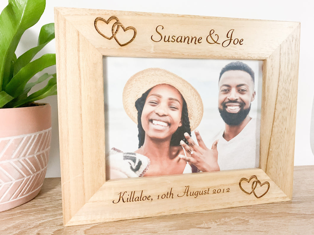 Personalised Linked Hearts Engagement Natural Wood Photo Frame
