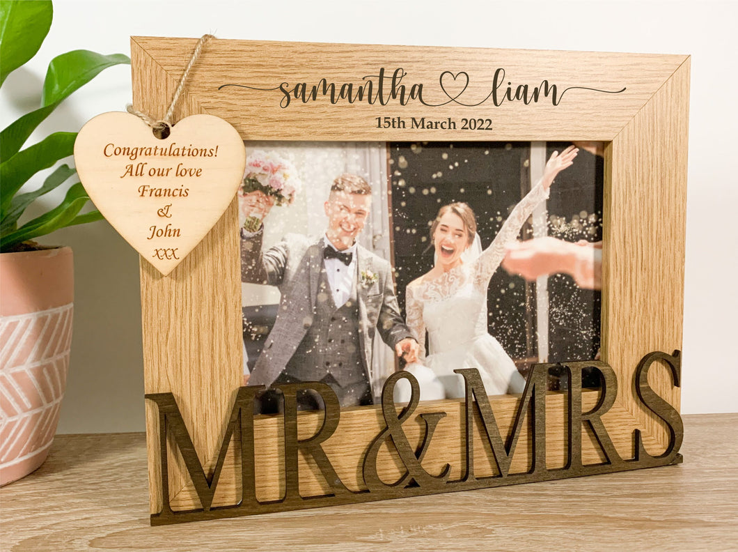 Personalised Wedding Mr & Mrs Oak Photo Frame - Heart Style