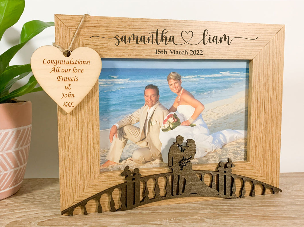 Personalised Wedding Bride & Groom Oak Photo Frame - Heart Style