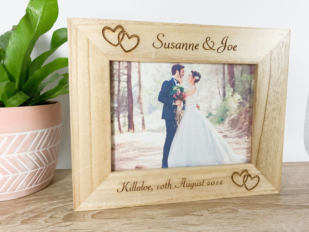 Personalised Linked Hearts Wedding Natural Wood Photo Frame
