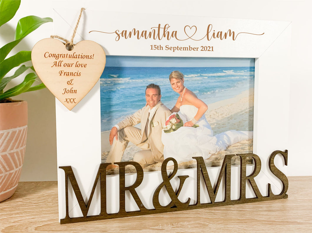 Personalised Wedding Mr & Mrs White Photo Frame - Heart Style