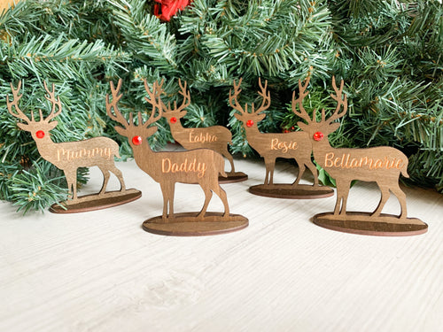 Christmas Table Name Place Settings - Rudolph Shape Xmas Name Wooden Settings - Red Glitter Nose